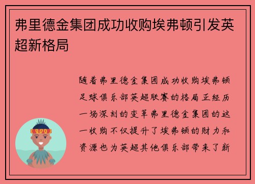 弗里德金集团成功收购埃弗顿引发英超新格局 弗里德金集团成功收购埃弗顿引发英超新格局